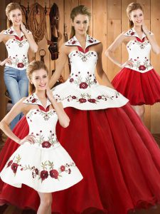 White And Red Halter Top Neckline Embroidery Sweet 16 Dresses Sleeveless Lace Up