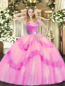 Rose Pink Ball Gowns Beading and Appliques Quinceanera Gowns Zipper Tulle Sleeveless Floor Length
