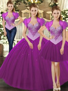 Sleeveless Floor Length Beading Lace Up 15th Birthday Dress with Fuchsia