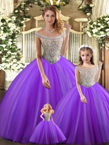 Purple Lace Up Bateau Beading Quinceanera Gown Tulle Sleeveless