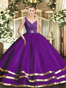 Artistic Purple Backless V-neck Ruffled Layers 15th Birthday Dress Tulle Sleeveless