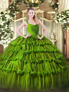 Hot Selling Olive Green Organza Zipper Straps Sleeveless Floor Length Quinceanera Gown Ruffled Layers