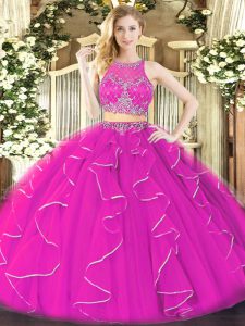 Fuchsia Sleeveless Organza Zipper Ball Gown Prom Dress for Military Ball and Sweet 16 and Quinceanera