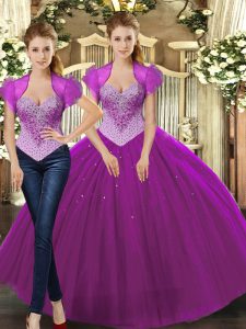 Fuchsia Tulle Lace Up Quinceanera Gowns Sleeveless Floor Length Beading