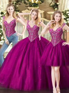 Fuchsia Sweet 16 Quinceanera Dress Military Ball and Sweet 16 and Quinceanera with Beading V-neck Sleeveless Lace Up