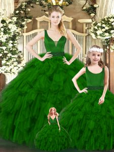 Green Ball Gowns V-neck Sleeveless Organza Floor Length Zipper Ruffles 15 Quinceanera Dress