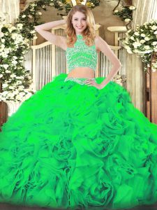 Excellent Green Backless Quinceanera Gown Beading and Ruffles Sleeveless Floor Length