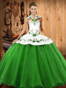 Green Lace Up Ball Gown Prom Dress Embroidery Sleeveless Floor Length