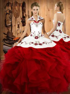 Decent Wine Red Halter Top Neckline Embroidery and Ruffles Sweet 16 Quinceanera Dress Sleeveless Lace Up