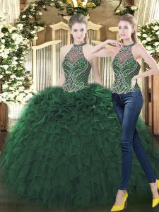 High-neck Sleeveless Sweet 16 Dress Floor Length Beading and Ruffles Dark Green Organza