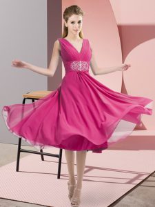 Hot Pink Sleeveless Knee Length Beading Side Zipper Dama Dress for Quinceanera