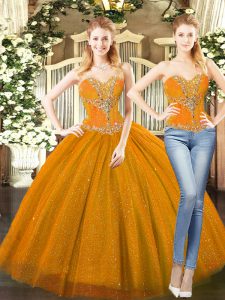 Adorable Floor Length Lace Up Sweet 16 Dresses Orange Red for Military Ball and Sweet 16 and Quinceanera with Beading