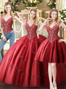 Exquisite Tulle V-neck Sleeveless Lace Up Beading Sweet 16 Dress in Wine Red