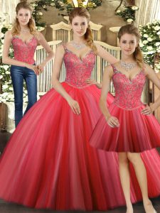 Delicate Floor Length Coral Red Sweet 16 Dresses Straps Sleeveless Lace Up