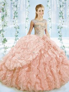 Sleeveless Beading and Ruffles Lace Up Sweet 16 Dresses with Peach Brush Train
