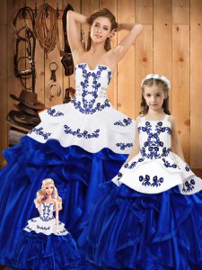 Blue Strapless Neckline Embroidery and Ruffles 15 Quinceanera Dress Sleeveless Lace Up