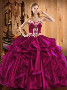 Clearance Fuchsia Lace Up Sweetheart Embroidery and Ruffles 15 Quinceanera Dress Organza Sleeveless