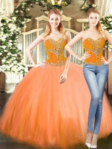 Adorable Orange Red Two Pieces Sweetheart Sleeveless Tulle Floor Length Lace Up Beading 15th Birthday Dress