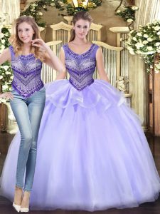 Elegant Sleeveless Tulle Floor Length Lace Up 15 Quinceanera Dress in Lavender with Beading and Ruffles