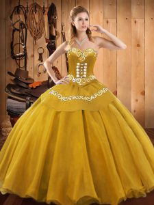 Best Ball Gowns 15th Birthday Dress Gold Sweetheart Satin and Tulle Sleeveless Floor Length Lace Up