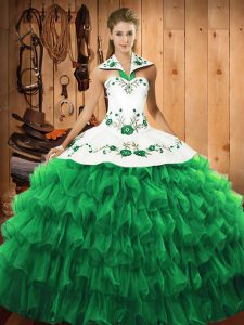 Fantastic Green Satin and Organza Lace Up Ball Gown Prom Dress Long Sleeves Floor Length Embroidery and Ruffled Layers