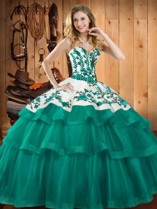 Turquoise Ball Gowns Embroidery Quinceanera Dresses Lace Up Organza Sleeveless