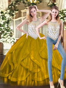 Dynamic Olive Green Ball Gowns Organza Sweetheart Sleeveless Beading and Ruffles Floor Length Zipper Sweet 16 Dress