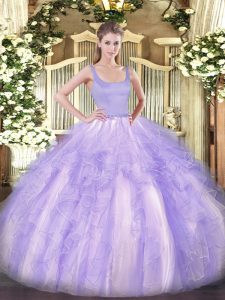 Lavender Tulle Zipper Straps Sleeveless Floor Length 15th Birthday Dress Beading and Ruffles