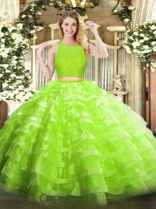 Noble Ball Gowns Quinceanera Dress Yellow Green Scoop Organza Sleeveless Floor Length Zipper