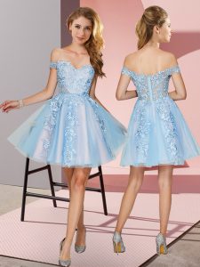 Great Sleeveless Tulle Mini Length Zipper Court Dresses for Sweet 16 in Light Blue with Appliques
