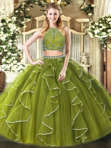 Olive Green Ball Gowns Tulle High-neck Sleeveless Beading and Ruffles Floor Length Zipper Quinceanera Gown