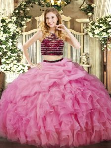 Discount Beading and Ruffles Sweet 16 Dresses Rose Pink Zipper Sleeveless Floor Length