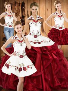 Modest Halter Top Sleeveless Organza Sweet 16 Dresses Embroidery and Ruffles Lace Up