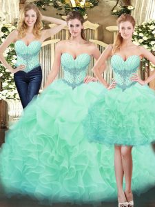 Apple Green Sleeveless Beading and Ruffles Floor Length Ball Gown Prom Dress