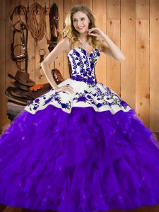 Customized Satin and Organza Sleeveless Floor Length 15 Quinceanera Dress and Embroidery and Ruffles