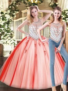 Red Two Pieces Scoop Sleeveless Tulle Floor Length Zipper Beading Sweet 16 Quinceanera Dress