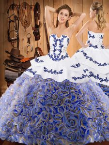 Beauteous Satin and Fabric With Rolling Flowers Strapless Sleeveless Sweep Train Lace Up Embroidery Sweet 16 Dresses in Multi-color