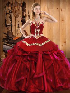 Custom Design Wine Red Lace Up Sweetheart Embroidery and Ruffles Ball Gown Prom Dress Satin and Organza Sleeveless