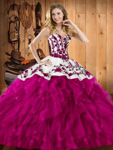 Fancy Fuchsia Lace Up Sweet 16 Dresses Embroidery and Ruffles Sleeveless Floor Length