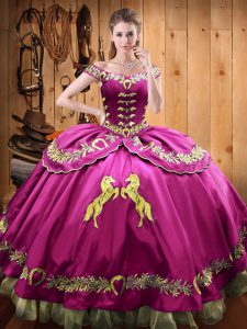 Noble Fuchsia Satin and Organza Lace Up Quinceanera Dresses Sleeveless Floor Length Beading and Embroidery