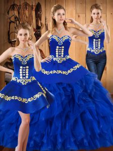 Dynamic Blue Sleeveless Floor Length Embroidery and Ruffles Lace Up 15 Quinceanera Dress