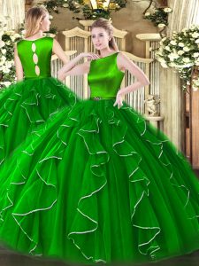 Custom Designed Green Ball Gowns Organza Scoop Sleeveless Ruffles Floor Length Clasp Handle Sweet 16 Dress