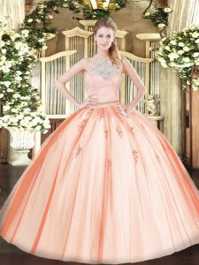 Decent Scoop Sleeveless Quinceanera Dresses Floor Length Lace and Appliques Orange Tulle