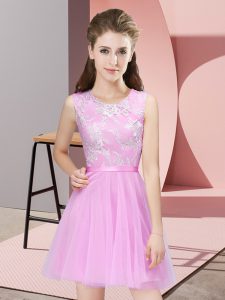 Sleeveless Tulle Mini Length Side Zipper Dama Dress in Rose Pink with Lace