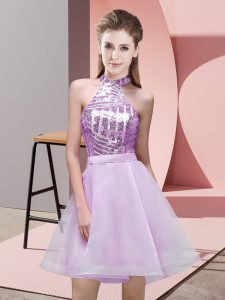 Glamorous Lilac Backless Halter Top Sequins Quinceanera Court Dresses Chiffon Sleeveless