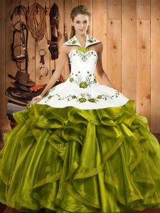 Great Halter Top Sleeveless Lace Up Quinceanera Gowns Olive Green Satin and Organza