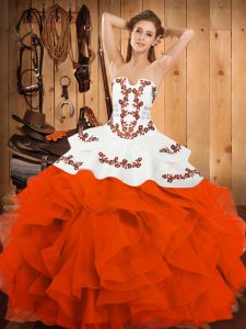Floor Length Lace Up Quinceanera Gowns Orange Red for Military Ball and Sweet 16 and Quinceanera with Embroidery and Ruffles