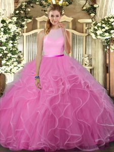 Low Price Rose Pink High-neck Backless Ruffles Sweet 16 Dresses Sleeveless
