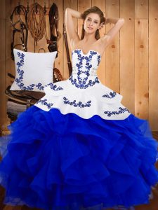 Attractive Blue Ball Gowns Embroidery Sweet 16 Quinceanera Dress Lace Up Satin and Organza Sleeveless Floor Length