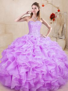 Hot Selling Lilac Sweetheart Neckline Beading and Ruffles Sweet 16 Quinceanera Dress Sleeveless Lace Up
